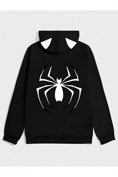 Touz Moda Μαύρο φούτερ με κουκούλα Unisex - Spider Printed