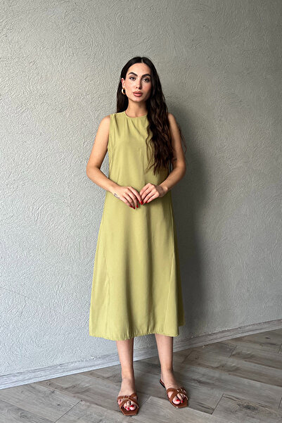 Seda Yalçın Atelier Oil Green Midi Dress - Zero Sleeve Design