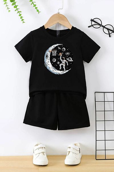 DAXİS Sportwear Company Set copii negri - tricou și pantaloni scurți imprimați
