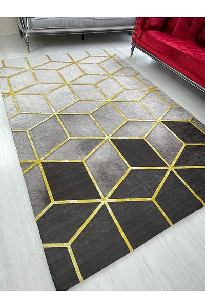 MEKA TEKSTİL Black Pyramid Pattern Silk Velvet Elastic Carpet Cover