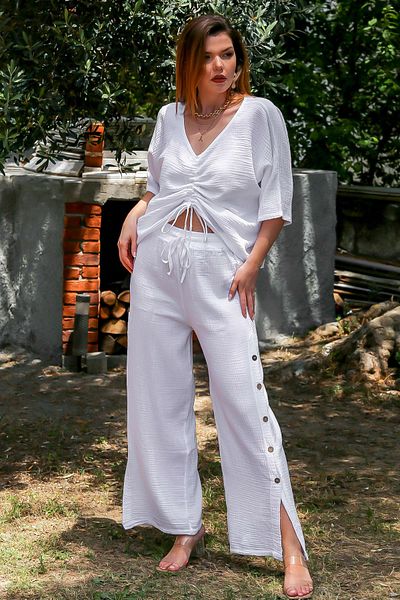 Chiccy White V-Neck 3/4 Sleeve Elastic Waist Drawstring Casual Set - Organic Cotton