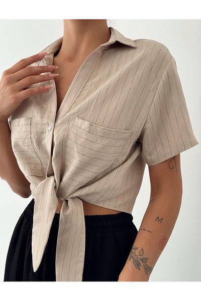Quzu Beige Linen Shirt - Tie-Up Striped