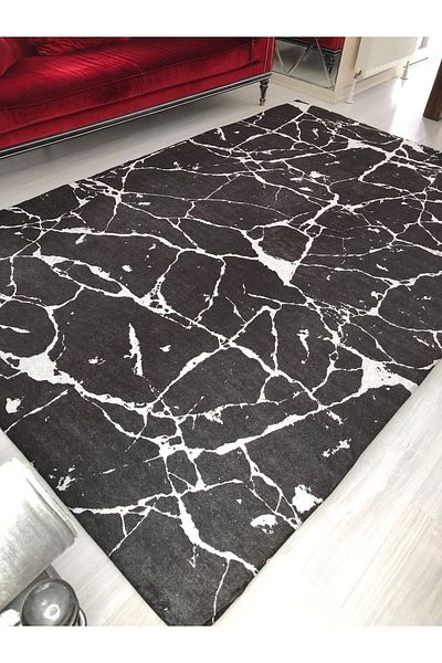 MEKA TEKSTİL Black Marble Silk Velvet Rubber Carpet Cover
