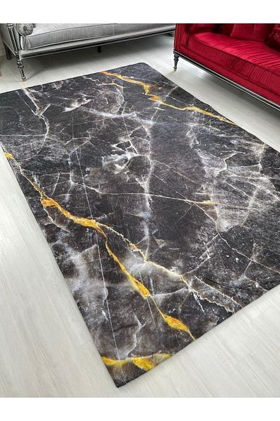 MEKA TEKSTİL Black Marble Model Silk Velvet Elastic Carpet Cover