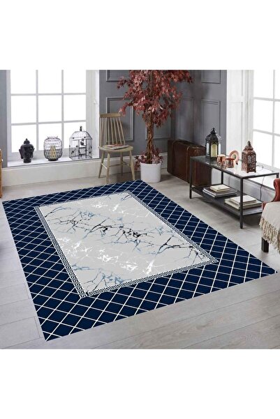 MEKA TEKSTİL Yeni Lacivert Piramit Model Lastikli Kadife Halı Örtüsü