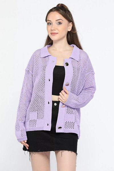 GÜLSELİ Openwork Lilac Gold Women's Knitwear Cardigan - Button Detailed
