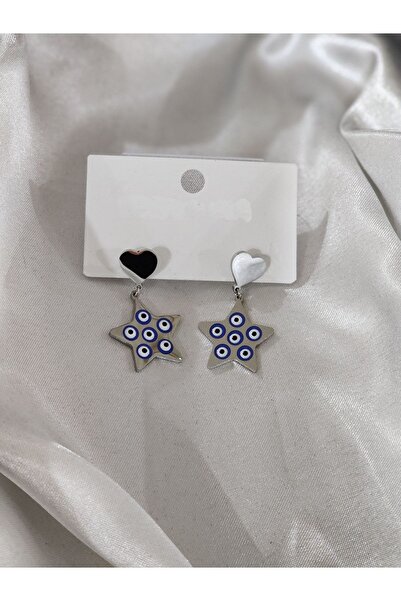 Aylish Bijuteri حلق فضي اللون على شكل نجمة وقلب من الفولاذ مع خرزة عين الشر