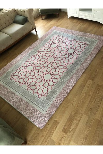 MEKA TEKSTİL Pink Tile Model Silk Velvet Elastic Carpet Cover
