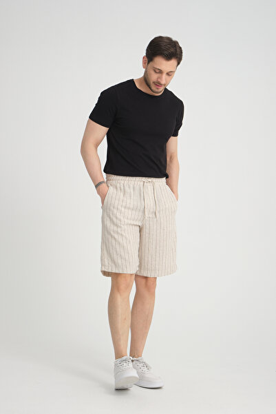 MERİCEY شورت كتان قطني مخطط باللون البيج للرجال - برباط على الخصر