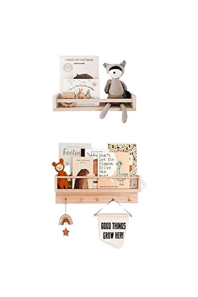 OlcayAksesuar Doğal Ahşap Montessori Çocuk Bebek Odası Askılık Duvar Rafı Yan...