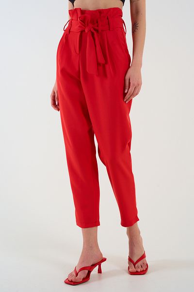 LOOSH Red High Waist Belted Women's Pleated Pants