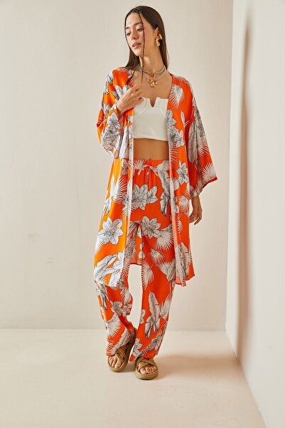 XHAN Turuncu Çiçek Desenli Kimono Takım 5YXK8-48600-11