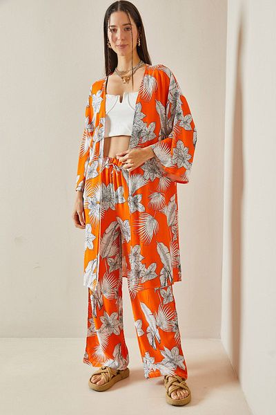 XHAN Orange Floral Patterned Set - Kimono and Top Set 5YXK8-48600-11