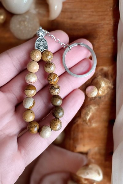 MGA DOĞAL TAŞ Wood Jasper Stone - Tree Model Keychain Rosary, Natural Stone and Steel Material