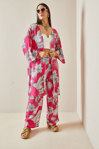 XHAN Pink Floral Patterned Kimono Set - 5YXK8-48600-20