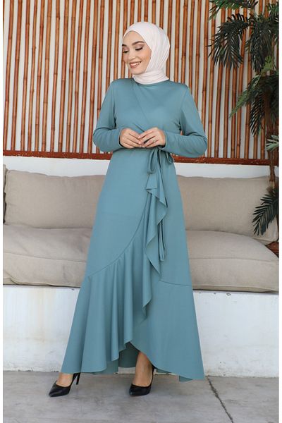 sefamerve Green Flounce Dress - Side Tie 1907-03