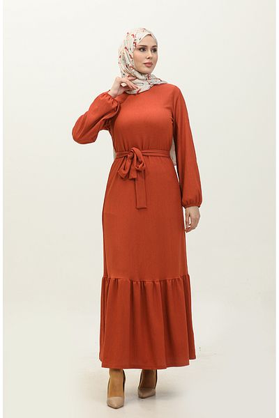 sefamerve Fliesenfarbenes Kleid mit Kordelzug und Gürtel – 0202DA-01