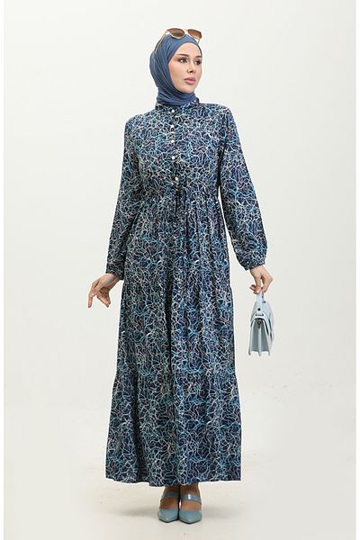 sefamerve Navy Blue Mixed Patterned Dress - 0352-01