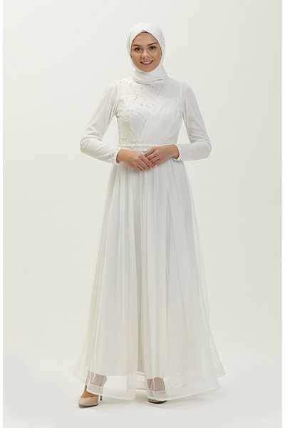 sefamerve Ecru Perlen-Tüll-Abendkleid – 5664-08
