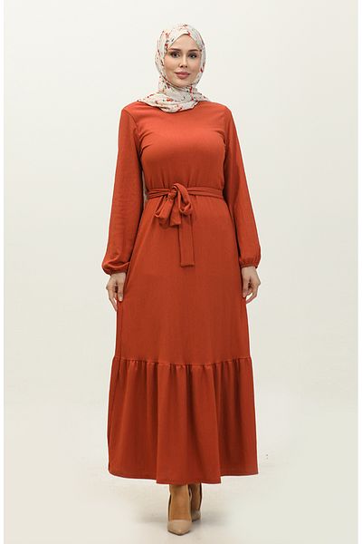 sefamerve Fliesenfarbenes Kleid mit Kordelzug und Gürtel – 0202DA-01