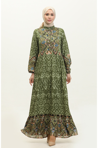 sefamerve Khaki Dried Rose Patterned Viscose Dress - Half Button 0308-04