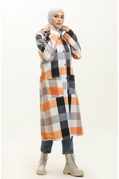 sefamerve Orange Gray Plaid Patterned Fleece Cap - 0166-05