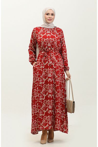 sefamerve Claret Red Viscose Dress - Hümeyra Patterned, Model 0322-05