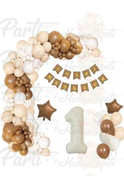 parti hediye sepeti 1 Yaş Krem Kahve Doğum Günü Konsepti
