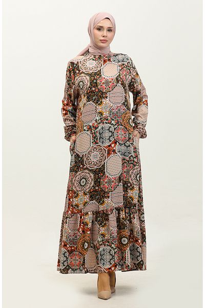 sefamerve Khaki Dried Rose Viscose Dress - Erva 0335-02, Buttoned Skirt