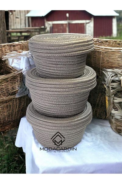 ModaCardin 3-Piece Wicker Jute Basket Set - Organizer with Lid, Multi-Purpose
