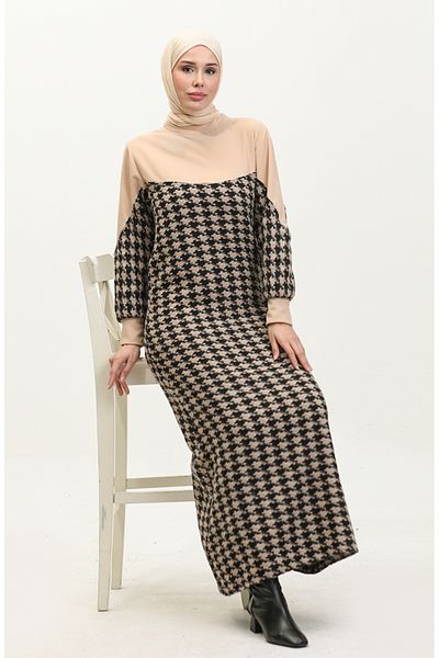 sefamerve Beige Black Houndstooth Patterned Dress - 0183-07
