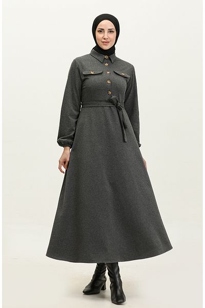sefamerve Anthracite Cup Dress - Pocket Detailed, Model 0331-01