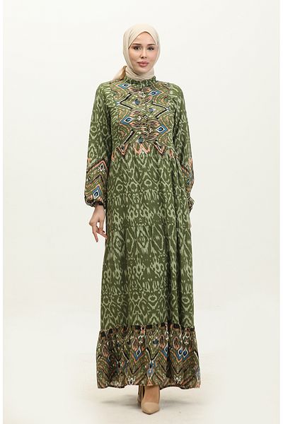 sefamerve Khaki Dried Rose Patterned Viscose Dress - Half Button 0308-04