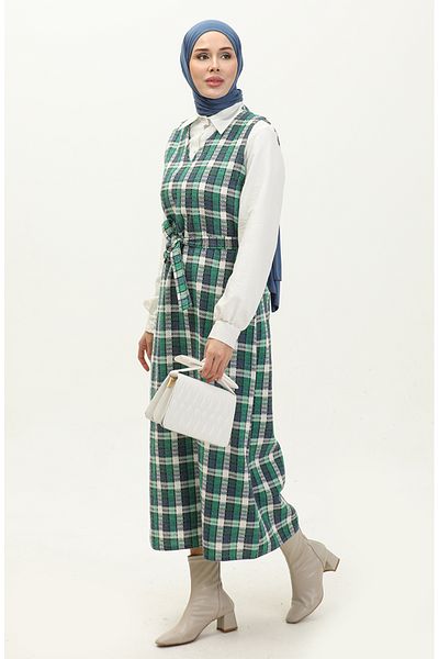 sefamerve Green Indigo Tweed Plaid Gilet - 0255-04