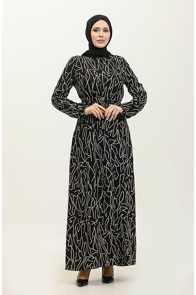 sefamerve Black Viscose Belted Patterned Dress - 2067-01