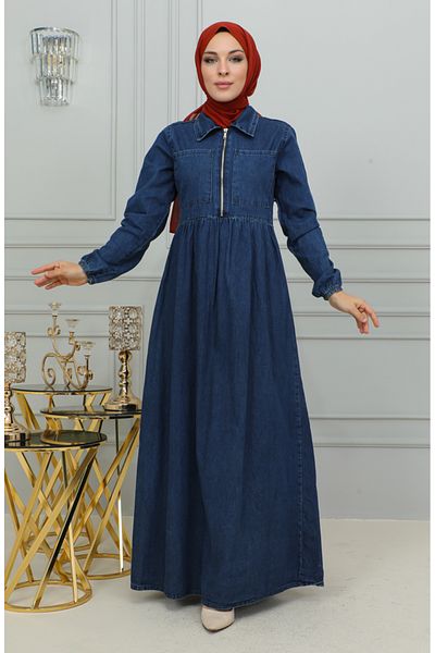 sefamerve 3500-01 Model Dark Navy Blue Zippered Denim Dress