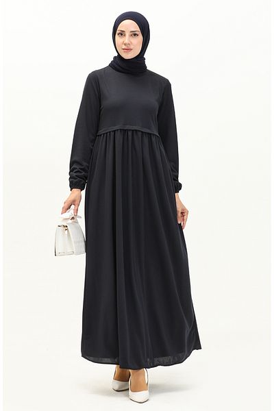 sefamerve Navy Blue Gathered Dress - 0666-06