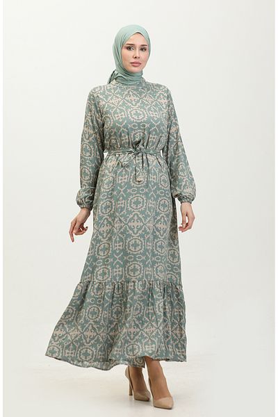 sefamerve Green Viscose Patterned Dress - 0362-02