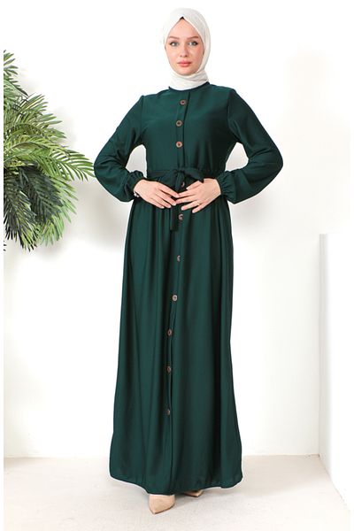 sefamerve Emerald Green Belted and Button Detailed Dress 7878-07