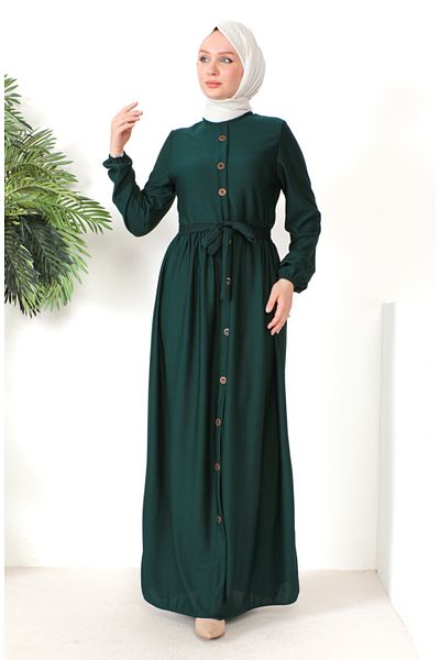 sefamerve Emerald Green Belted and Button Detailed Dress 7878-07