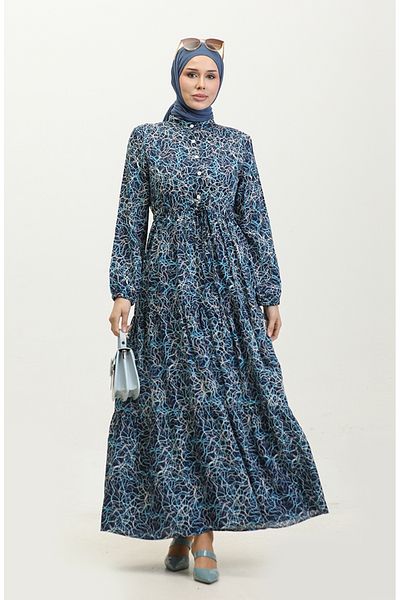 sefamerve Navy Blue Mixed Patterned Dress - 0352-01