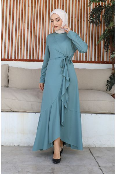 sefamerve Green Flounce Dress - Side Tie 1907-03