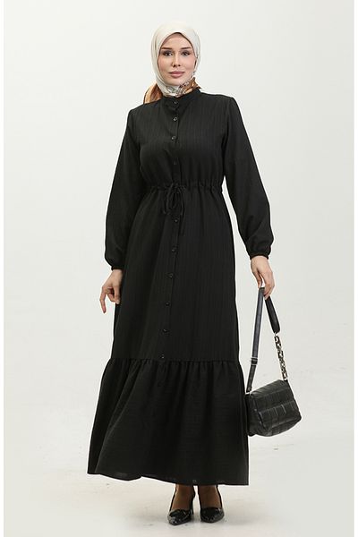 sefamerve Black Buttoned and Gathered Skirt Dress - 0351-01