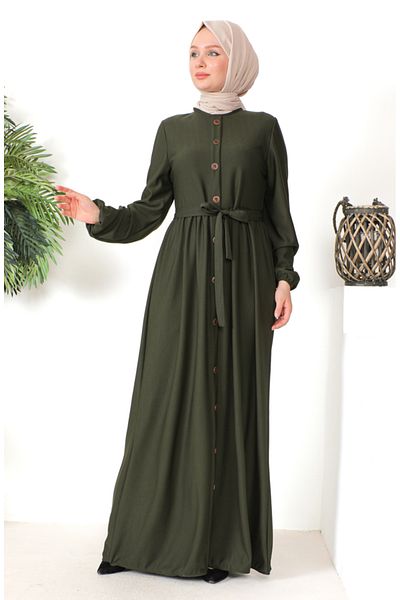 sefamerve KHaki BelteD Dress - Button Detail, Model 7878-03