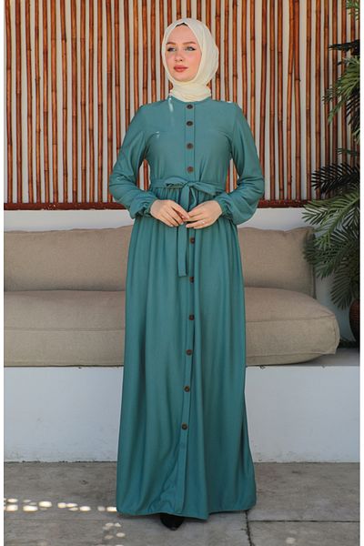 sefamerve Green Green Belted and Button Detailed Dress 7878-02