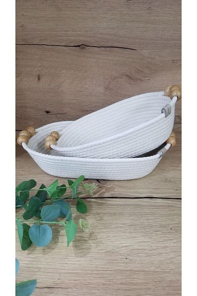 Minimalhomedesign 25 cm Wooden Beaded Bread BasketCord Rope Basket, Organizer Set of 2