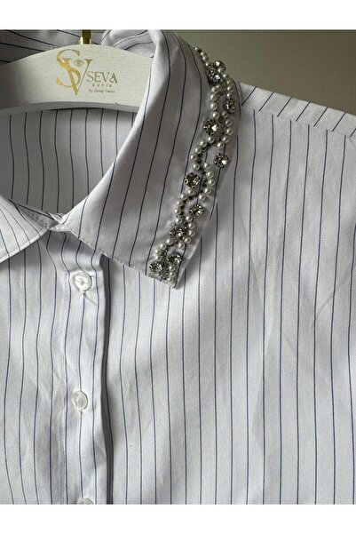 Hotfashion Yakası Taşlı Çizgili Gömlek