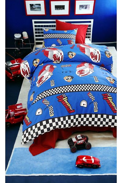 MAJESTE Rally Racing Car Patterned Claret Red Sheet with 2 Pillowcases /ranforce Single Duvet Cover Set