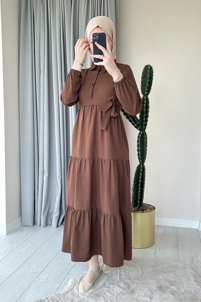 ModaAycan Brown Half Button Dress - MA111