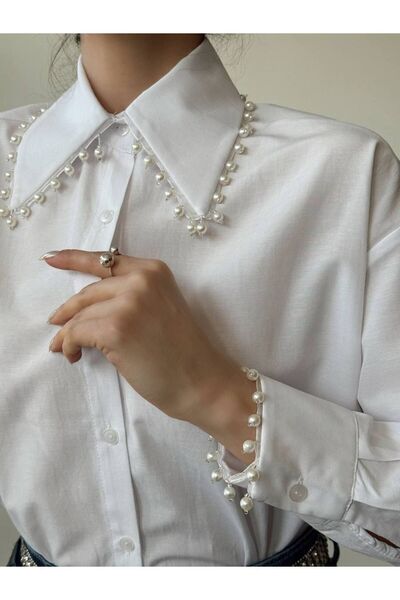 Sachistanbul Cămașă oversize pentru femei - guler și mâneci cu perle
